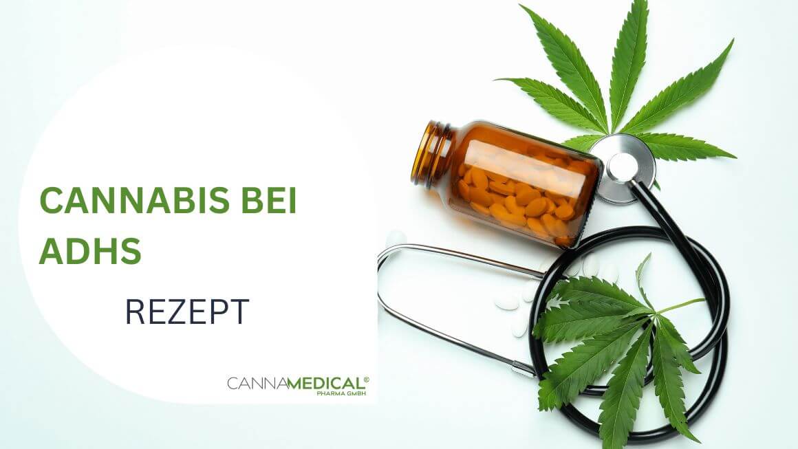 Cannabisblätter, Medizinfläschchen und Stethoskop