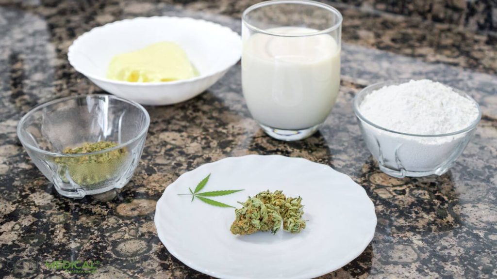 Milch, Mehl, Butter und Cannabis in Gläser und Schüssel